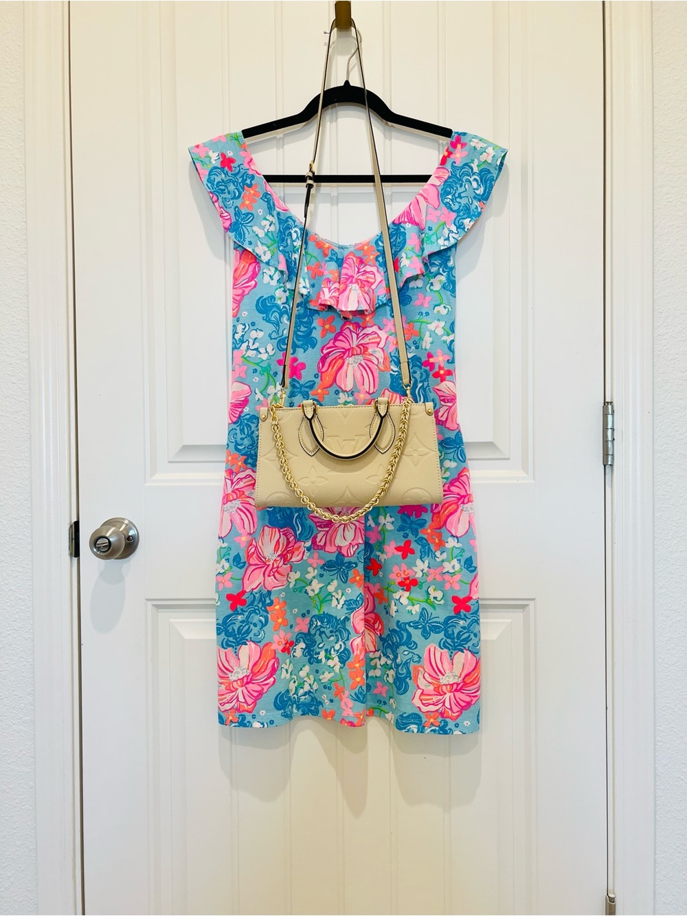 Lilly Pulitzer Blue Floral Off-Shoulder Mini Dress with Pink Accents